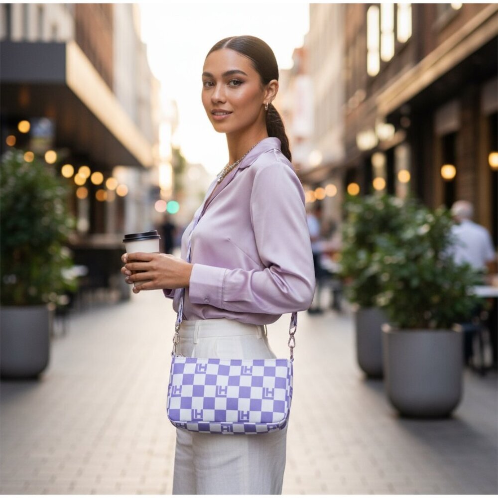 Local Heroes ✦ Vichy Checkered Baguette Bag ✦ Purple White Logo Shoulder Bag NWT - Picture 5 of 11